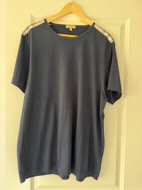 Burberry Navy Tee with Signature Check Shoulder Stripes